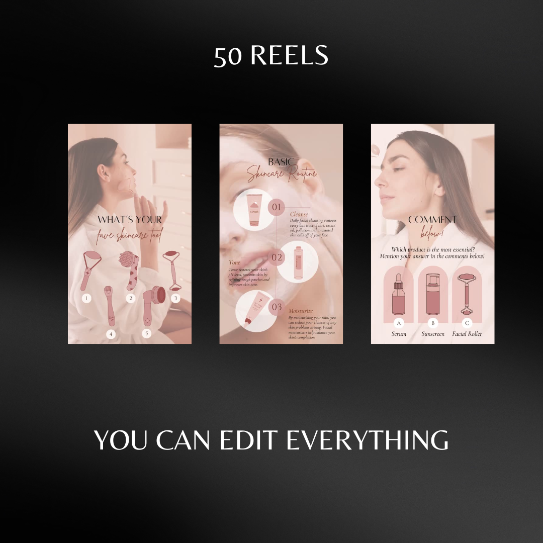 50 Skincare Video Reel Templates β Ready-to-Post Esthetician & MedSpa Reels (Canva Editable)